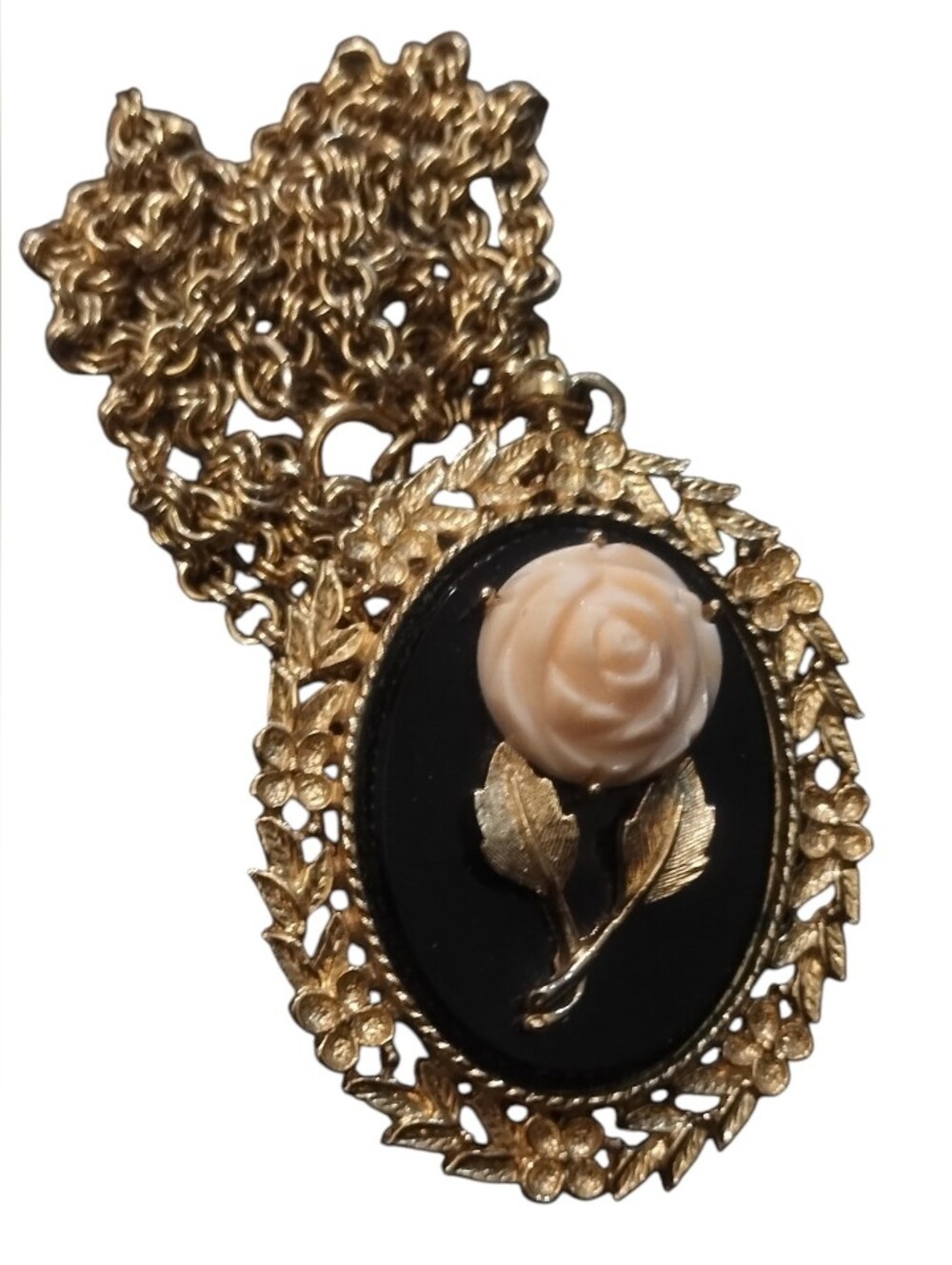 Vintage 1973 Avon Serena Rose Pink Cameo Mirror Pendant Necklace Gold Tone 1970s